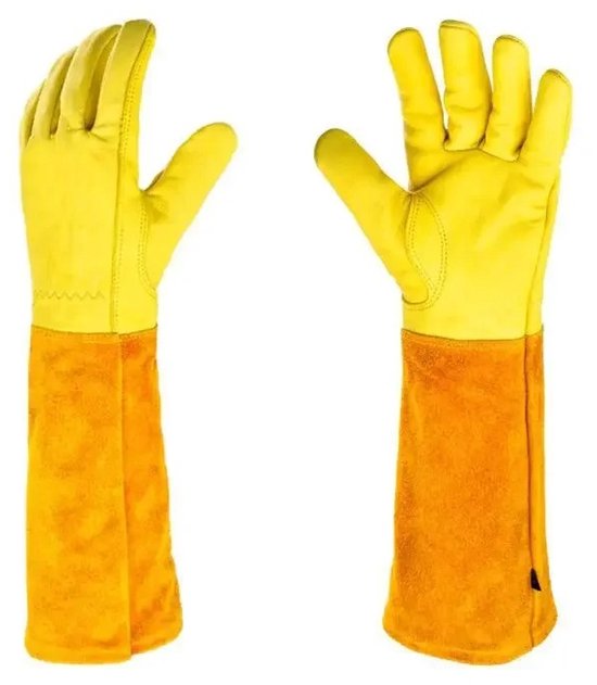 Set van twee gele leren tuinhandschoenen, met lange oranje manchet.
