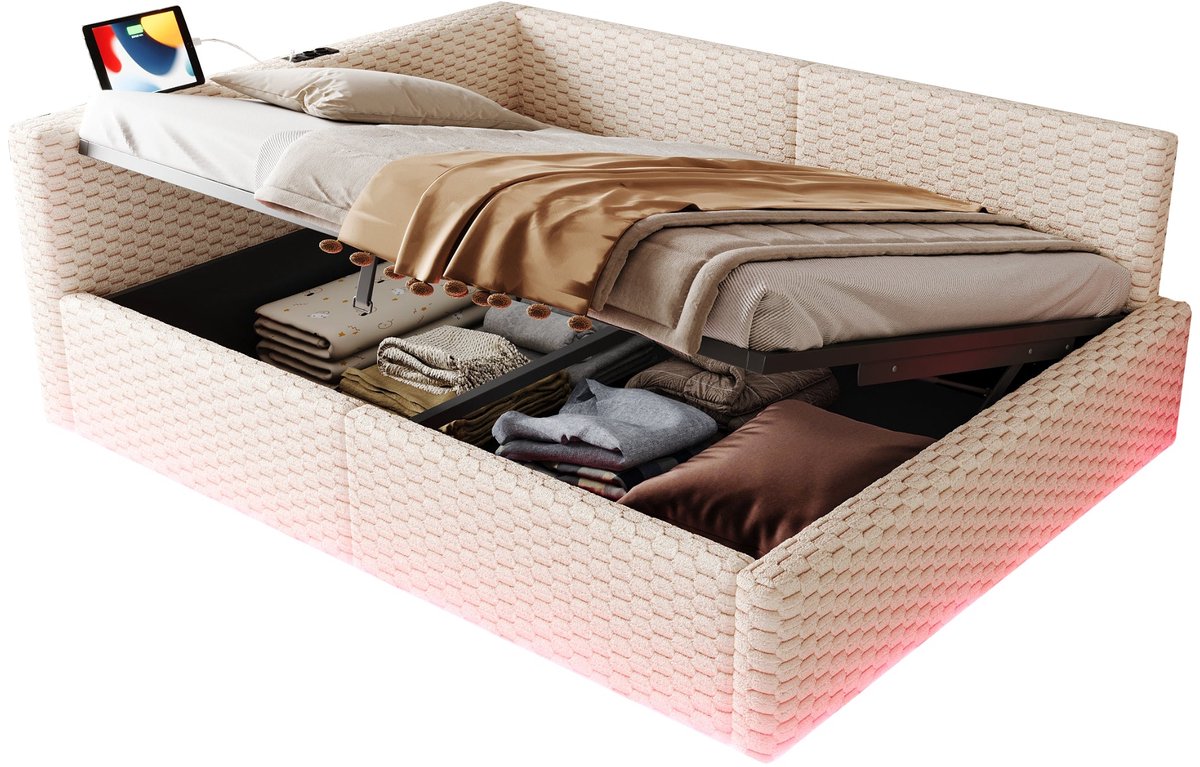 Merax Gestoffeerd Bed 140x200 - Fluweel - Bed met Opbergruimte - LED Verlichting met Afstandsbediening - USB & Type C - Beige