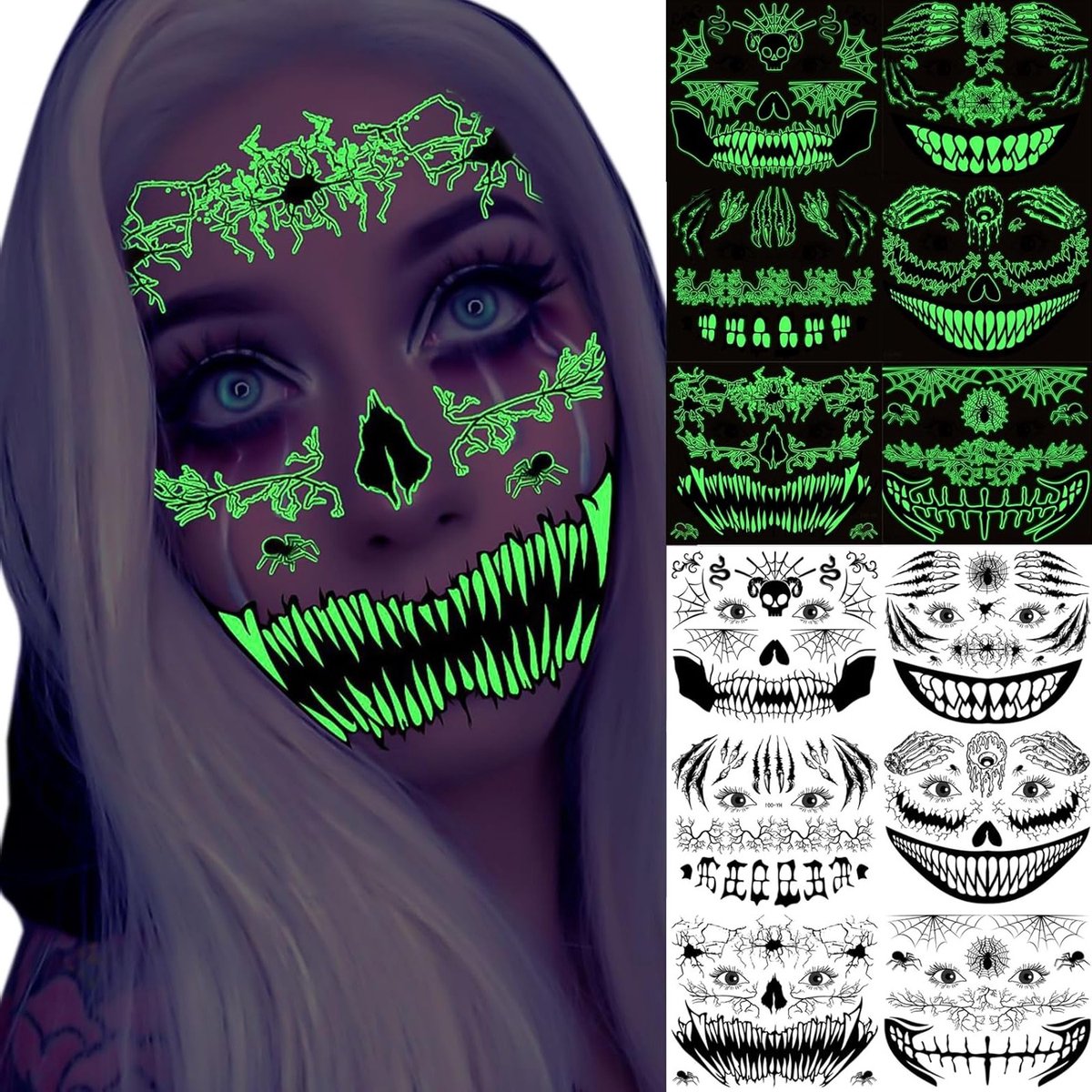 Creepy Makeup Tattoos voor Halloween - 4 Bladen met Schedel en Dag van de Doden Gezichtstatoeages voor Feesten en Carnavals