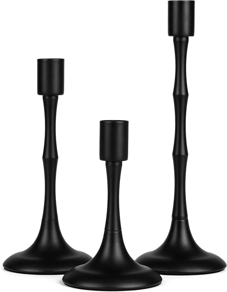 Kandelaar Set - Kaarshouder Metaal - Sfeerverlichting Creëren - Drie Verschillende Maten - 24cm 19cm 13cm - Mat Zwart