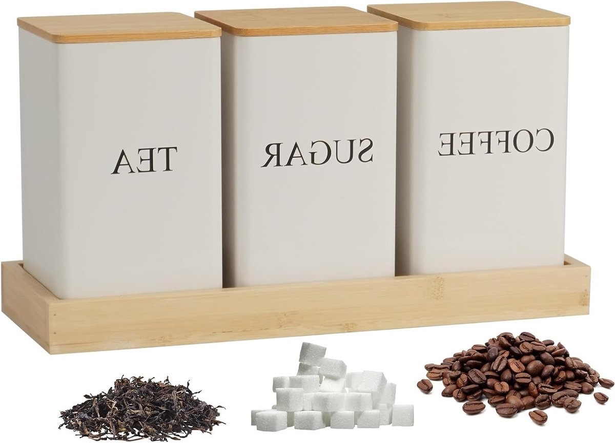 Set van 3 Suikerpotten voor Koffie en Thee, Witte IJzeren Opbergdozen met Bamboedeksel en Lepels, Vierkante Geleide Voedselcontainers voor Landelijke Keuken Decoratie en Organisatie