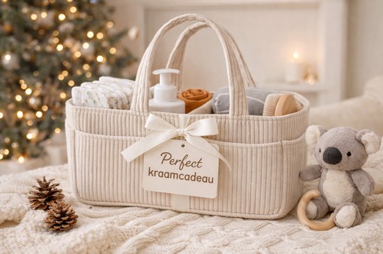 Crème Corduroy Luiermand Organizer - Commodemand - Luiertas baby - Ribstof Baby Opbergmand met Vakken en Uitneembare Inzetters - Met Handvatten — afbeelding 4