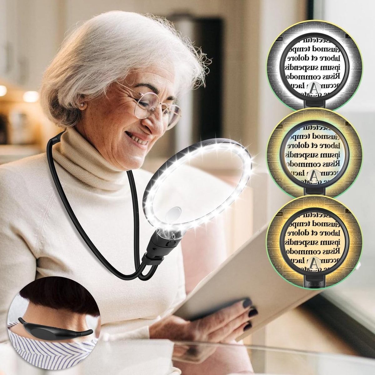 Handsfree Vergrootglas met Licht - Verstelbaar voor Dichtbij Lezen, Flexibele Gooseneck, Ideaal voor Boeken en Handwerken met 3 Verlichtingsmodi