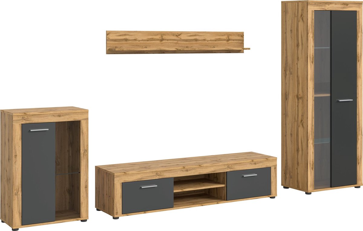 Jam wandkast J5 systeem grijs, eiken decor.