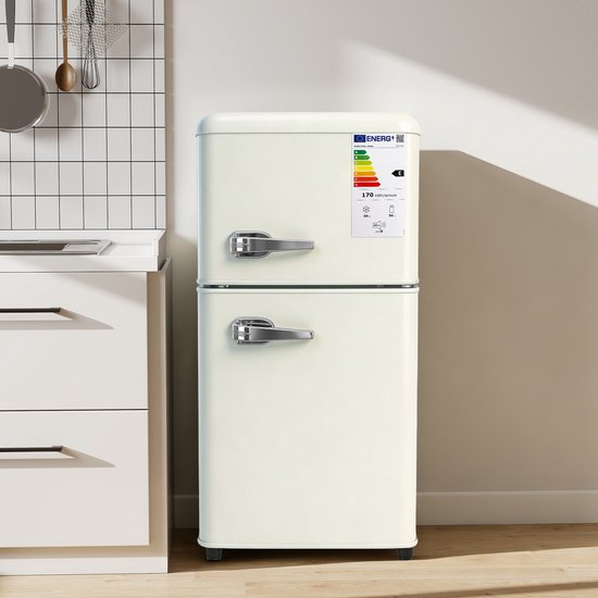 Dubbele compacte koel-vriescombinatie 86L (56L koel, 30L vries) met 7 temperatuurstanden, LED, verstelbare planken, crème