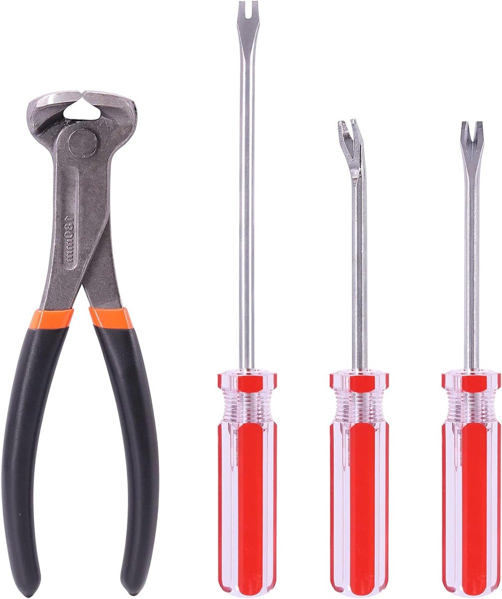 4-delige set voor het verwijderen van spijkers, inclusief 7'' knip- en buigbare tang, U- en V-tip spijkertrekkers, ideaal voor het verwijderen van spijkers en het liften van tack.