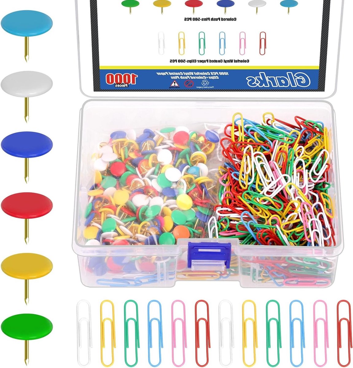 1000 stuks vinyl gecoate punaise en kleurrijke paperclips, ideaal voor kantoor en knutselen, inclusief 500 paperclips van 28.8mm en 500 vlakke punaises van 10.3mm
