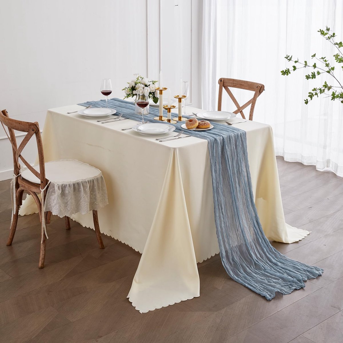 Tafellopers Set - Kaasdoek Lopers - Tafel Decoratie - Boho Stijl Gaas - 6 stuks 90x300 cm - Stoffig Blauw