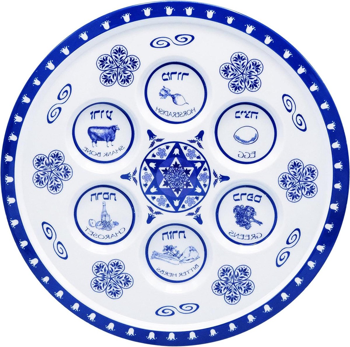 Seder Plaat - Pascha Bord - Religieus Gebruik - Renaissance Ontwerp - Medium Rond - Blauw