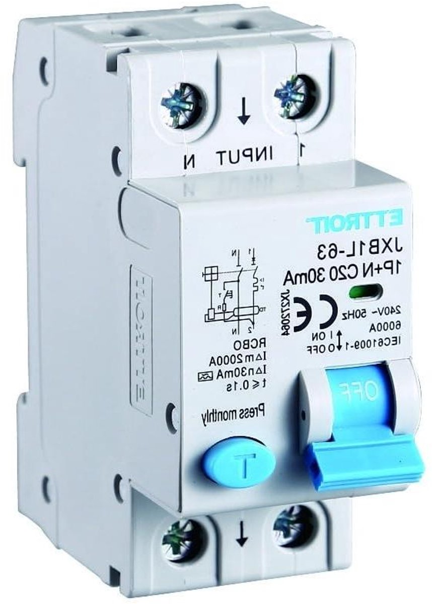 Aardlekschakelaar 1P+N - Stroomonderbreker Zekering - Installatie Systeembeveiliging - 2 DIN Modules - 20 Ampère - Grijs