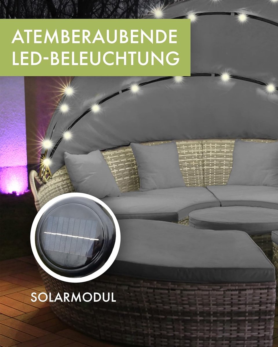 Zonne-eiland 180 cm met LED Verlichting & Zonnepaneel – ABTkantoor Luxe Polyrotan Lounge Bed Tuin met Dekzeil & Kussens – Weerbestendig Tuin Ligbed / Daybed voor Terras, Balkon en Tuin – Bruin