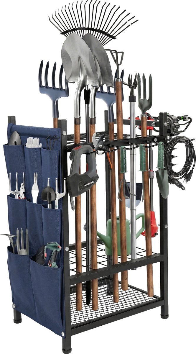 Kibani Tuingereedschap Opbergsysteem - Gereedschapsrek - 46 Tools - 35 Vakken & 11 Haken - Met Opbergtas - Vrijstaand Metaal - Compact