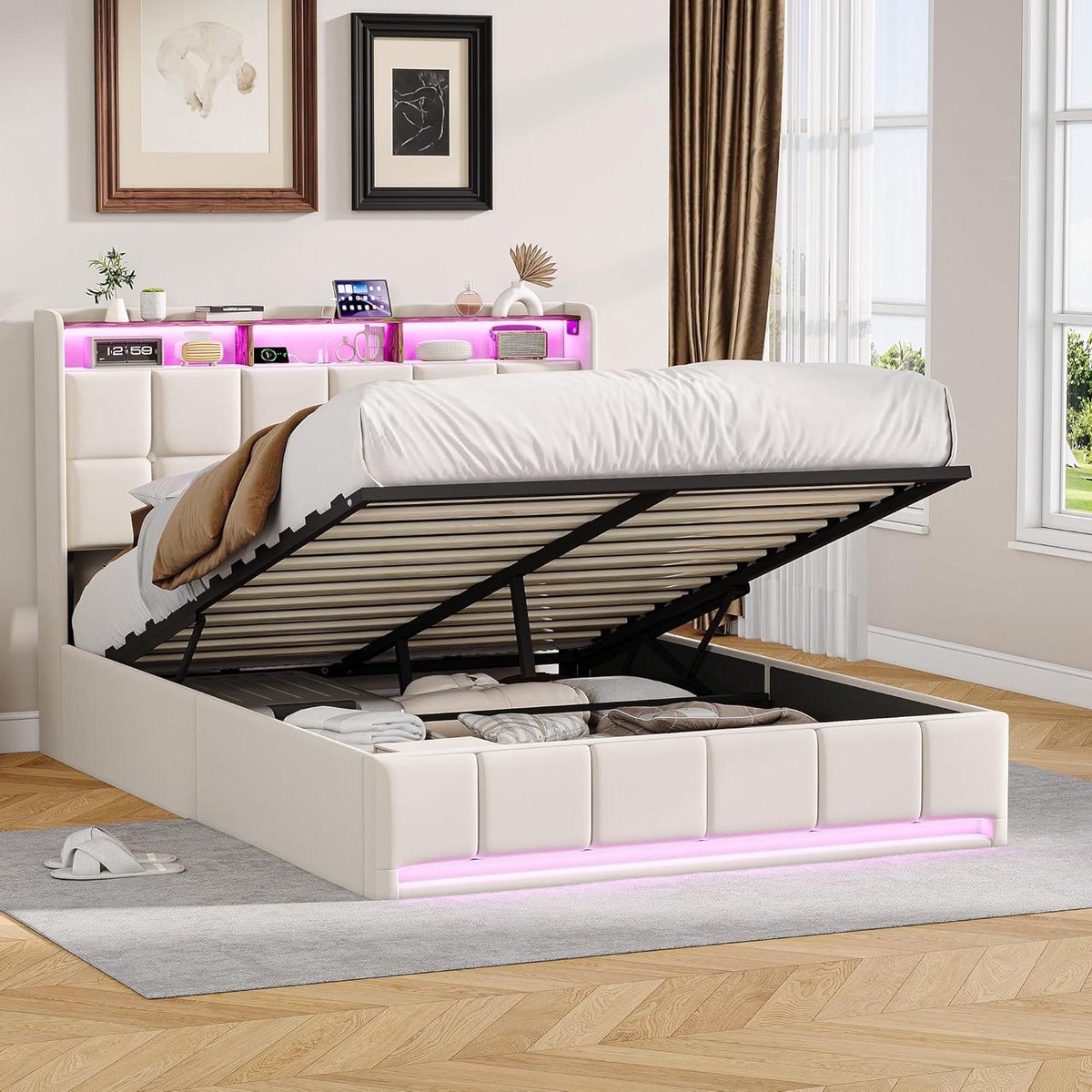 Gestoffeerd Bed - Opbergbed - Ruimte Besparen - Met Ledverlichting en USB - 140 x 190 cm - Beige