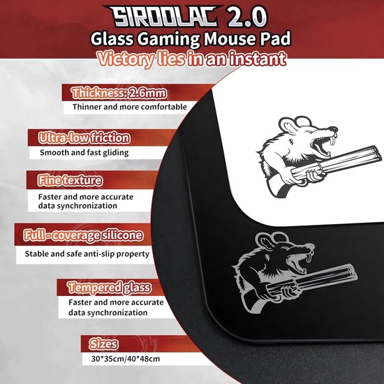 Gaming Muismat - Glas Muismat - FPS Spellen - Geëtst Glasoppervlak - 400x480mm - Zwart van Merkloos — afbeelding 2