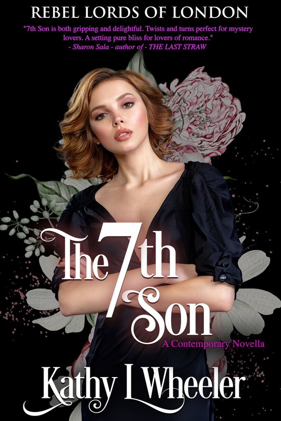 Boekcover met donker haar vrouw, gekleed in zwarte jurk, met bloemen op de achtergrond. Titel: The 7th Son.