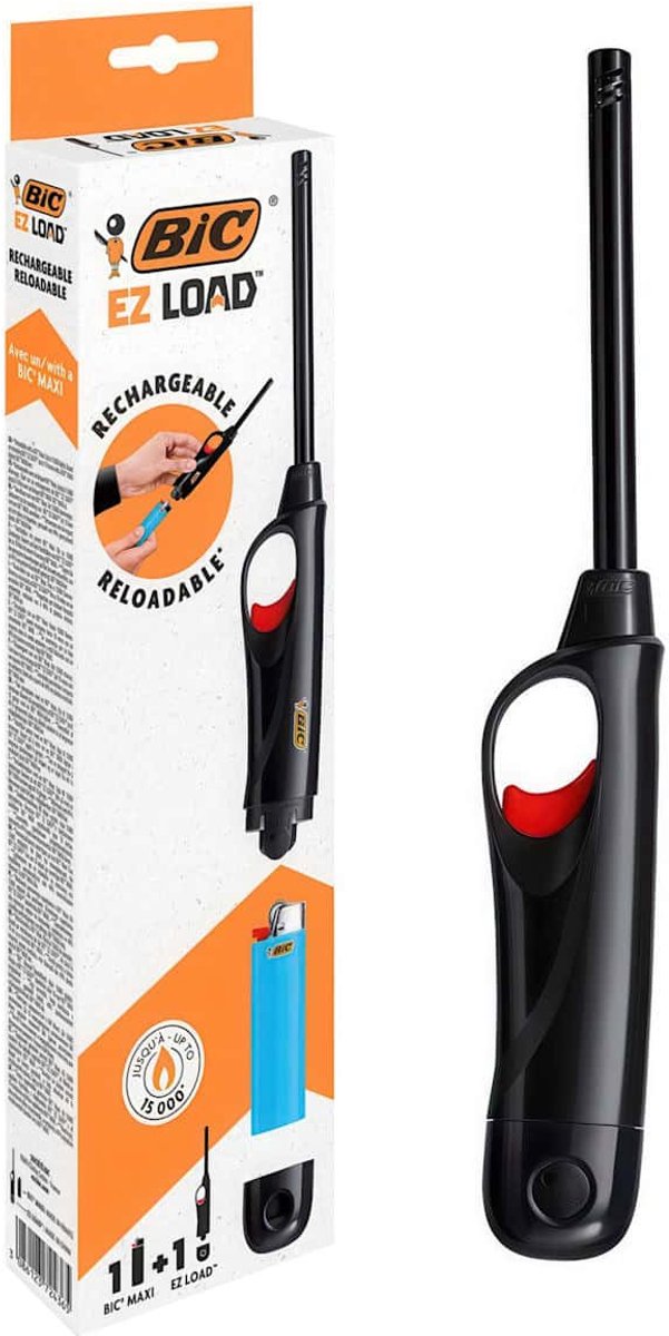 BIC EZ Load - Navulbare multifunctionele aansteker met lange hals - Geschikt voor BBQ en kaarsen - Kindveilig - Verpakking van 1 EZ Load & 1 BIC Maxi aansteker
