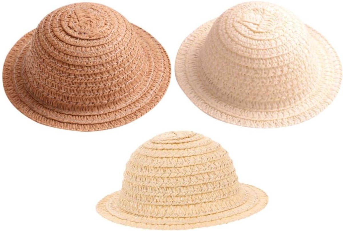 Mini Strohoeden - Poppen Accessoires - Poppen Aankleden - Set van 3 stuks - 10.5 cm - Meerkleurig