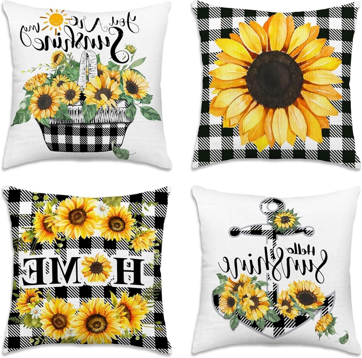 Kussenslopen Zonnebloem - Decoratieve Hoezen - Bank Decoreren - Set van 4 - 45x45 cm - Geel Zwart