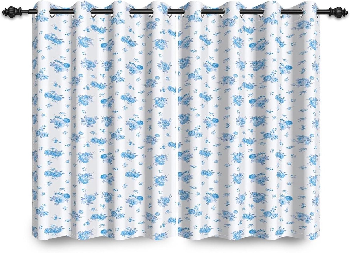 Verduisterende Gordijnen - Ooggordijnen Thermisch - Slaapkamer Woonkamer Decoratie - Rustiek Bloemmotief - 117 x 138 cm - Blauw