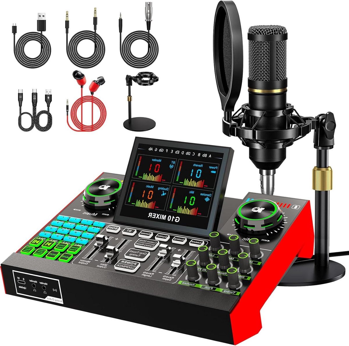 Podcast Microfoonbundel - Audio Mixer Set - Livestreamen Zingen Gamen - Ingebouwde Ruisonderdrukking - 2769 x 579 x 1948 cm