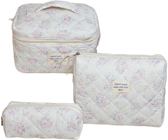 Set van 3 Make-up Tasjes Gewatteerd Bloemen Katoen – Grote Capaciteit Esthetische Cosmetische Tas & Toilettas voor Vrouwen – Reistas Organizer met Ritssluiting -Roze roos, 3-delige set [Groot + Medium + Klein]