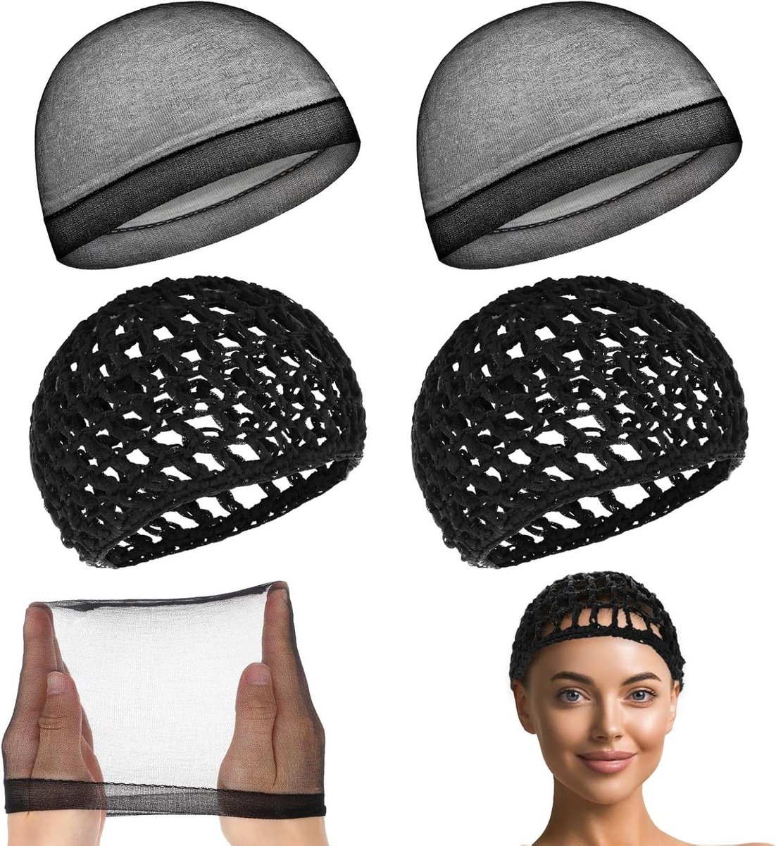 Set van 4 Elastische Gehaakte Haarnetten voor Wimpers, Douchecaps en Haaropslag - Antislip en Ademend Design voor Comfortabel Gebruik
