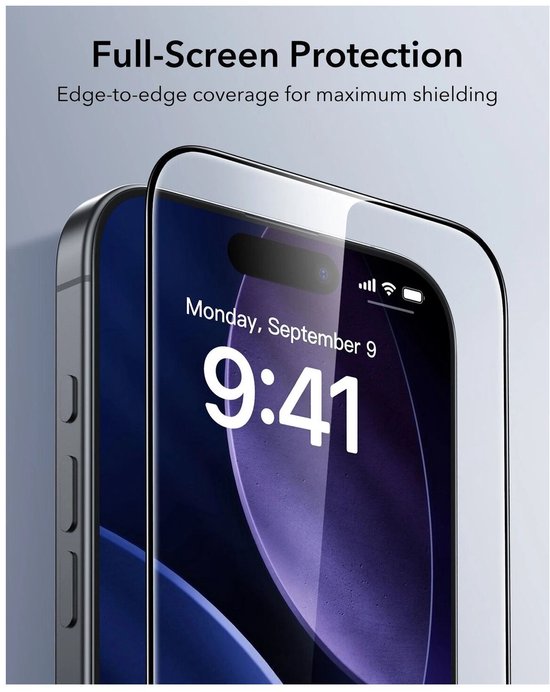 Full-Screen Protection: Edge-to-edge screenprotector op smartphone. Toont "Monday, September 9, 9:41".
