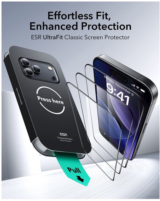 ESR UltraFit Classic screenprotector montage. Telefoon met camera's naast gehard glas lagen.