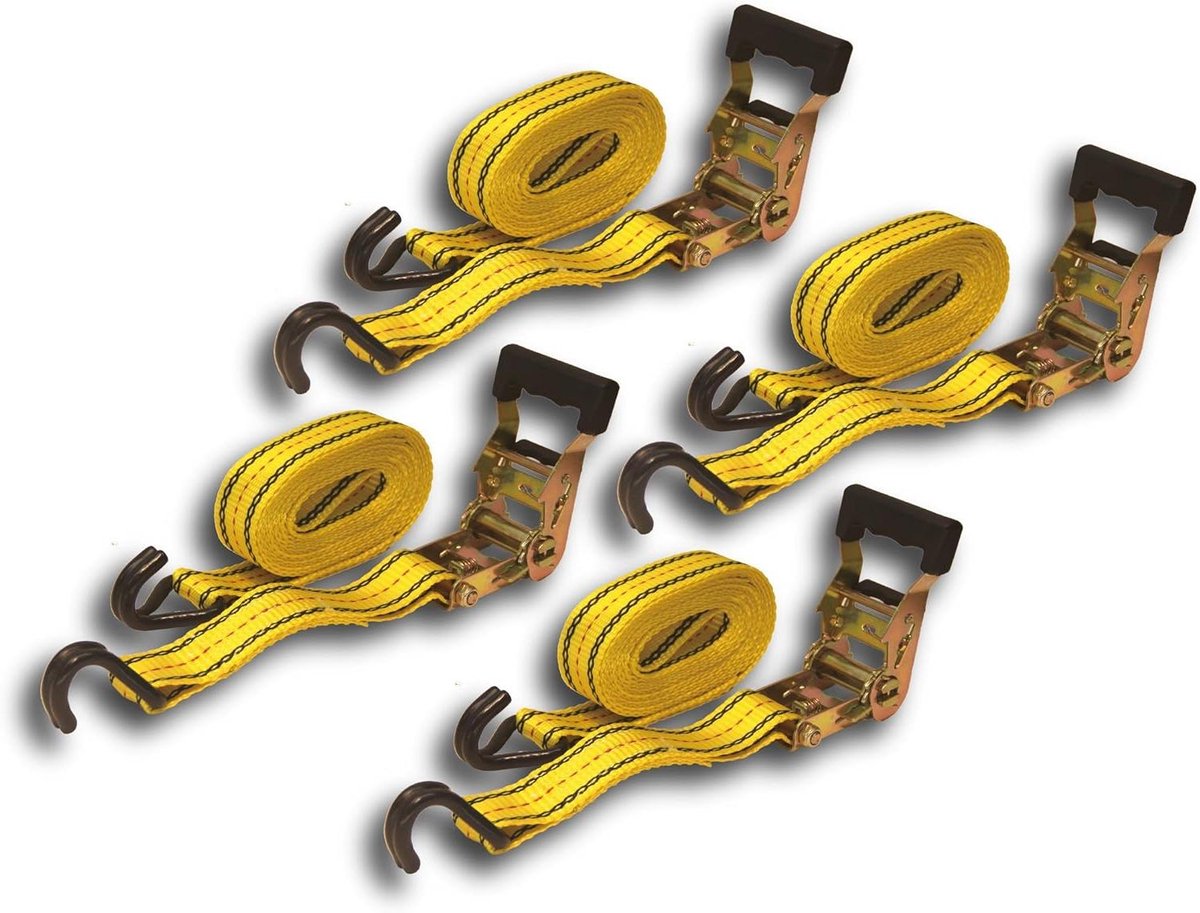 Spanbanden Ratel - Lading Vastzetbanden - Vracht Vervoeren - Dubbele J-haken - 4 stuks 15 voet - Geel