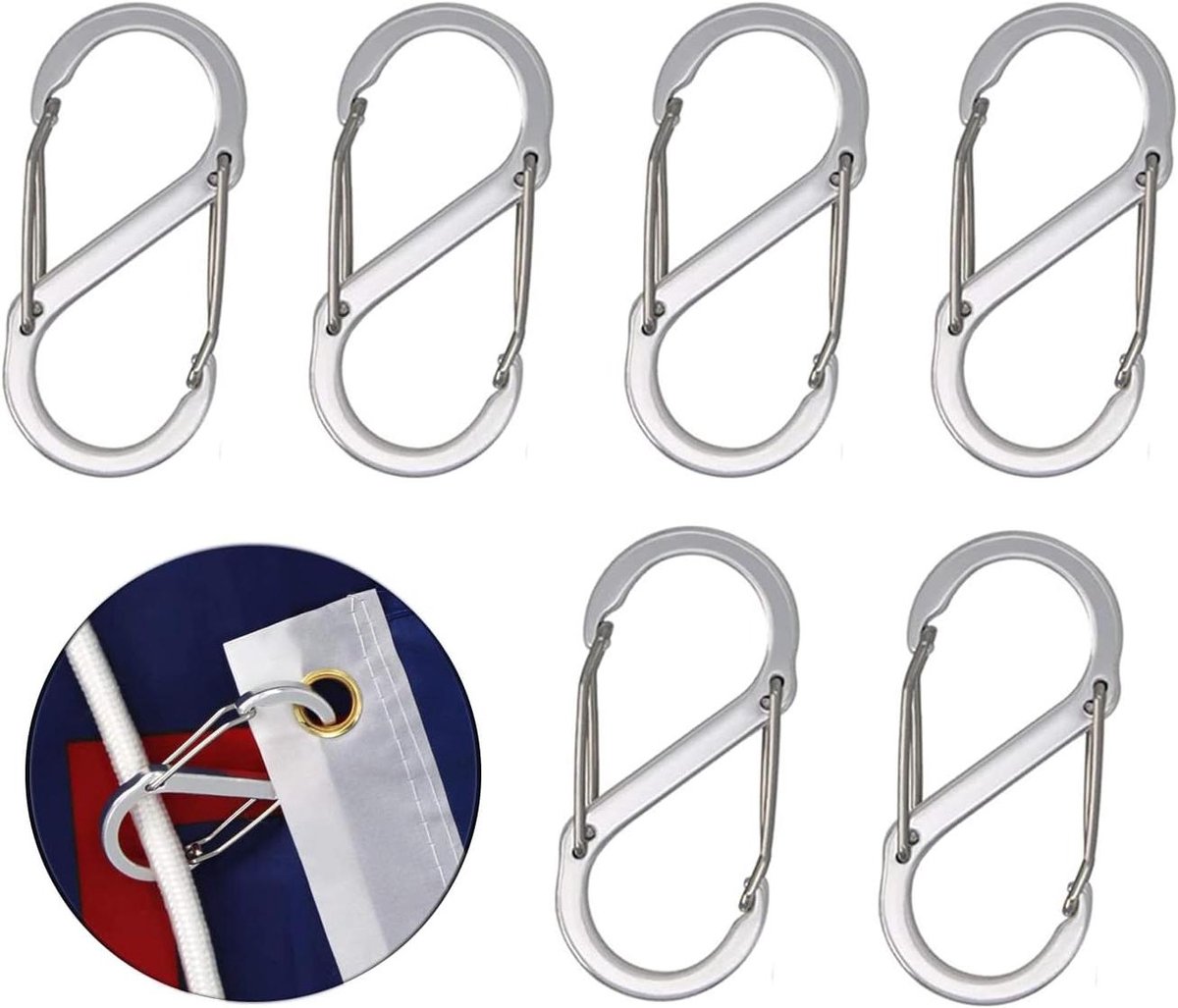 Vlaggen Snaps Haken - Vlaggenmast Clips - Vlaggen Bevestigen - Stalen Karabijnhaken - 6 stuks - Zilver