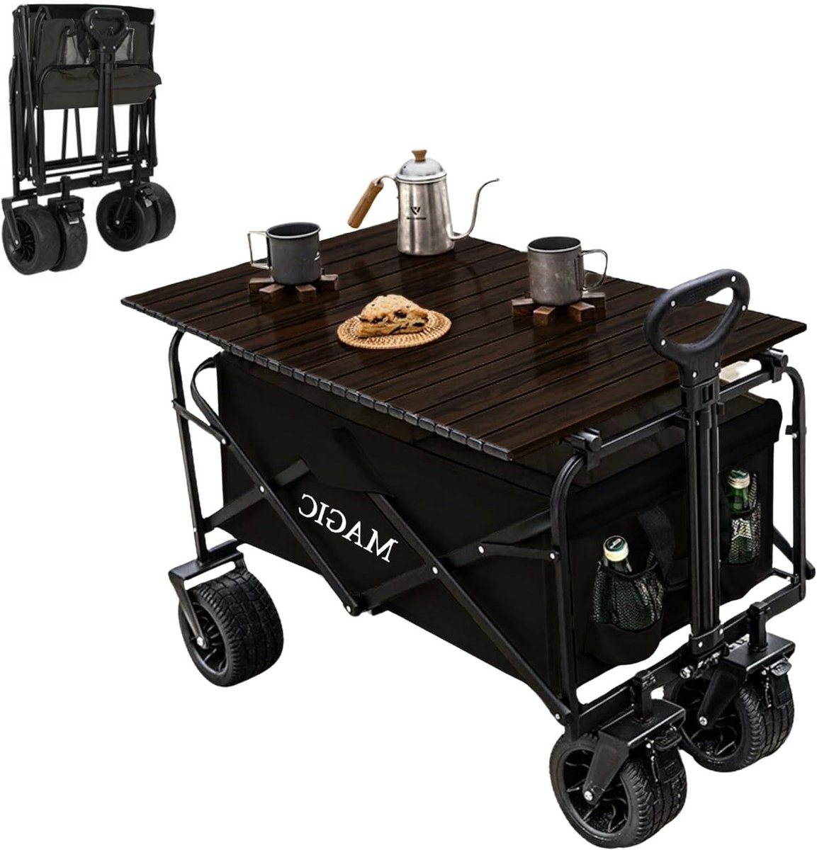 Opvouwbare Transportkar - Kampeerwagen Picknickwagen - Strand Camping Tuin - Tafel Functie Remmen - 150kg Draagkracht - Zwart