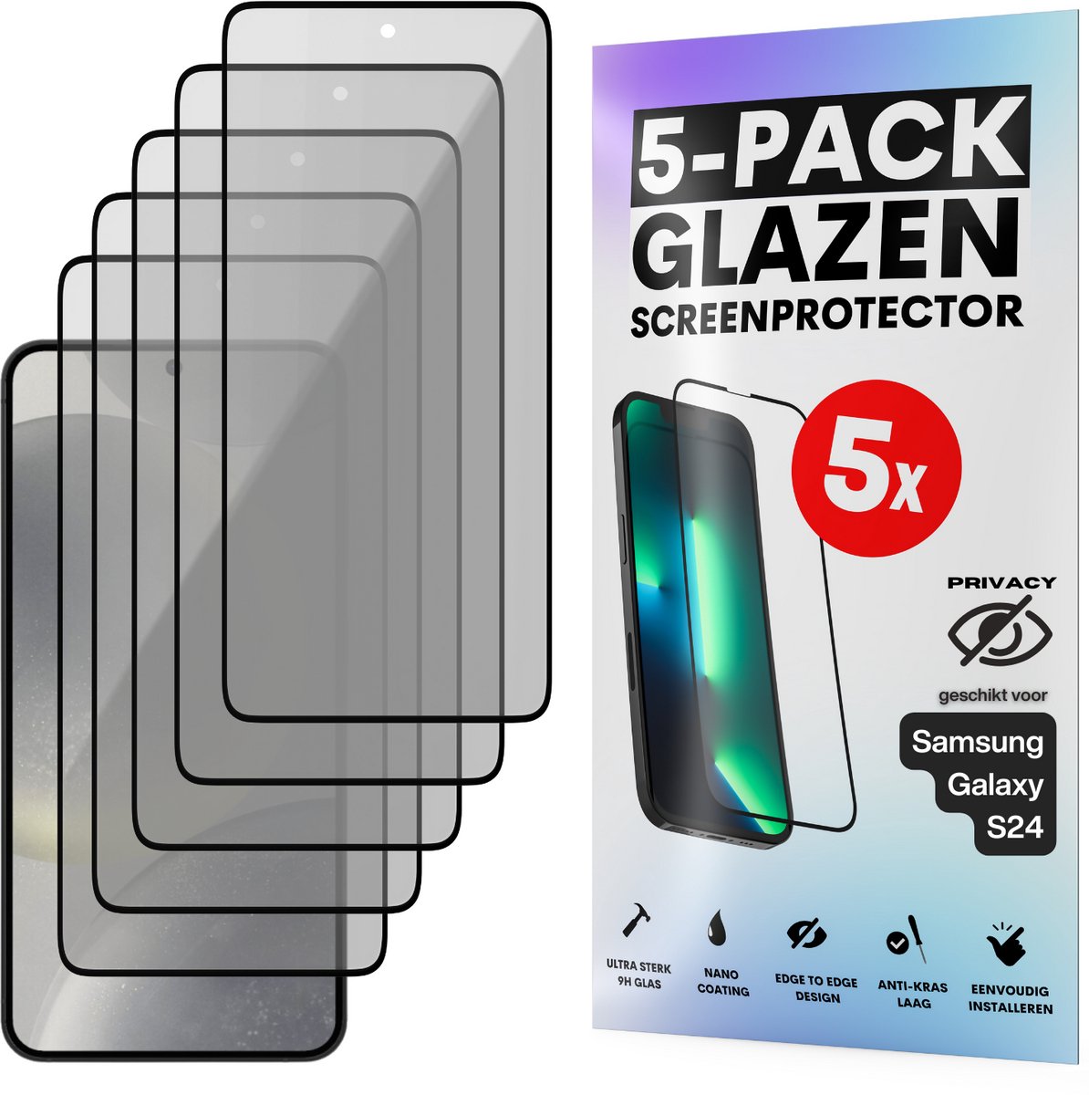 Privacy Screenprotector - Geschikt voor Samsung Galaxy S24 - Gehard Glas - Full Cover Tempered Privacy Glass - Case Friendly - 5 Pack