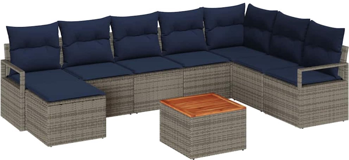 vidaXL - Tuinbank - Set - met - kussen - 9 - pcs - Grijs - poly - rattan