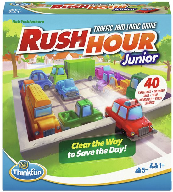 Boxart van het Rush Hour Junior spel, met een verkeersopstopping van gekleurde auto's en vrachtwagens.