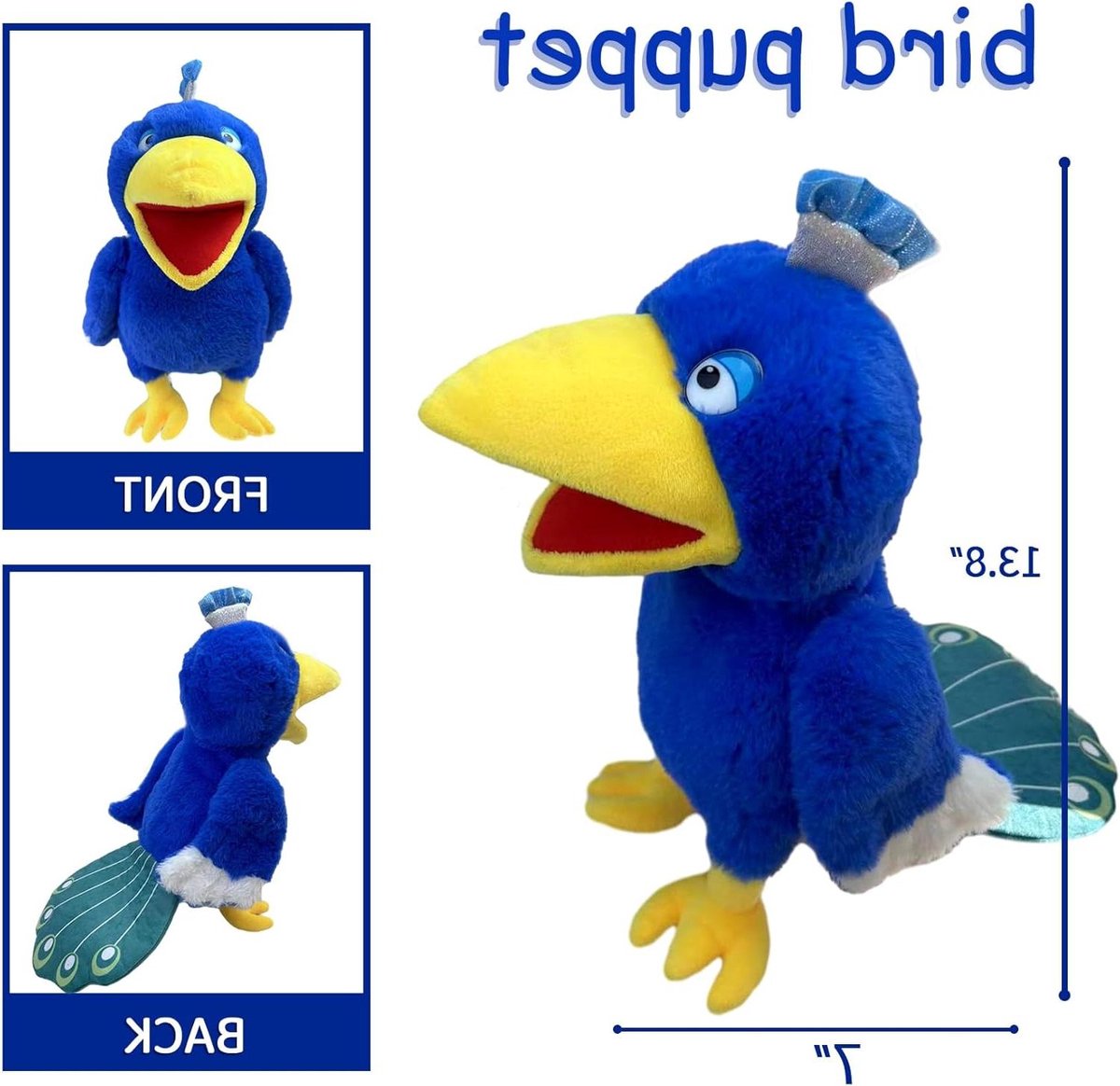 Pauw Handpop - Dierenpop Vogelpop - Rollenspel Onderwijs - Beweegbare Mond - 35 cm - Meerkleurig
