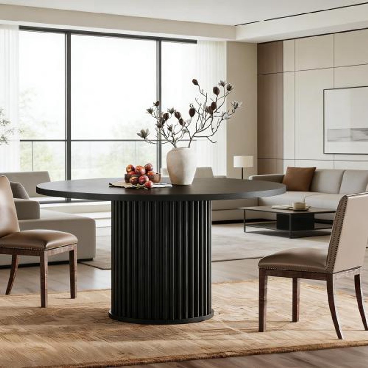 Wishdor Ronde eettafel 120 cm - Modern design - MDF tafelblad met metalen onderstel - Zwarte keukentafel voor 6 personen, eetkamer en vergaderruimte