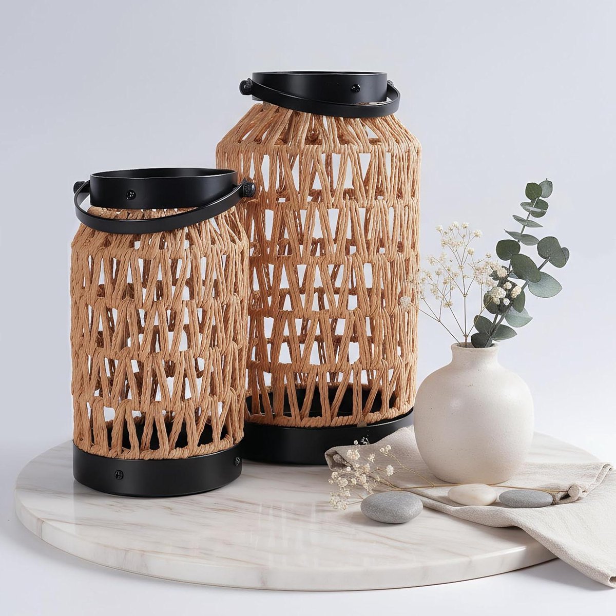 Rotan Lantaarns - Boheemse Decoratie - Sfeerverlichting Creëren - Veilig Vlamloos Ontwerp - 2 Maten Set - Bruin