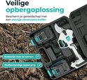 Elektrische snoeischaar met 2 accu's en oplader in een stevige opbergkoffer. De schaar is wit met turquoise accenten.