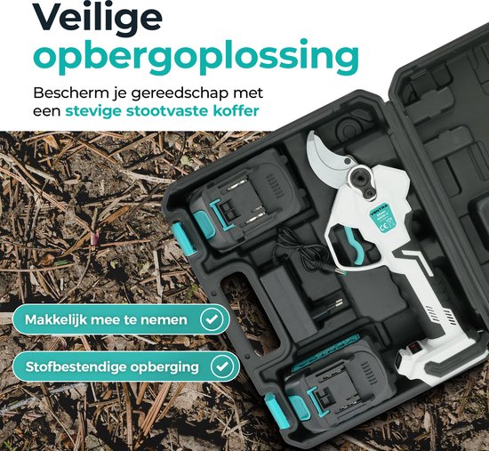 Elektrische snoeischaar met 2 accu's en oplader in een stevige opbergkoffer. De schaar is wit met turquoise accenten.