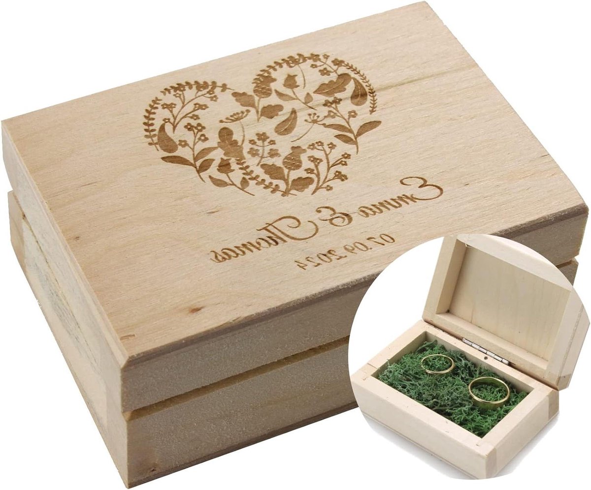 Gepersonaliseerde Ringendoos - Houten Bruiloft Doosje - Trouwringen Presenteren - Met Mos Binnenkant - 90x58x40 mm - Houtkleur