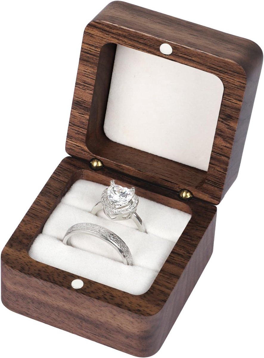 Houten Ringendoos - Juweeldoosje Bruiloft - Huwelijksaanzoek - Met Fluweel Gevoerd - 5.5 x 5.5 x 3.8 cm - Niet gespecificeerd