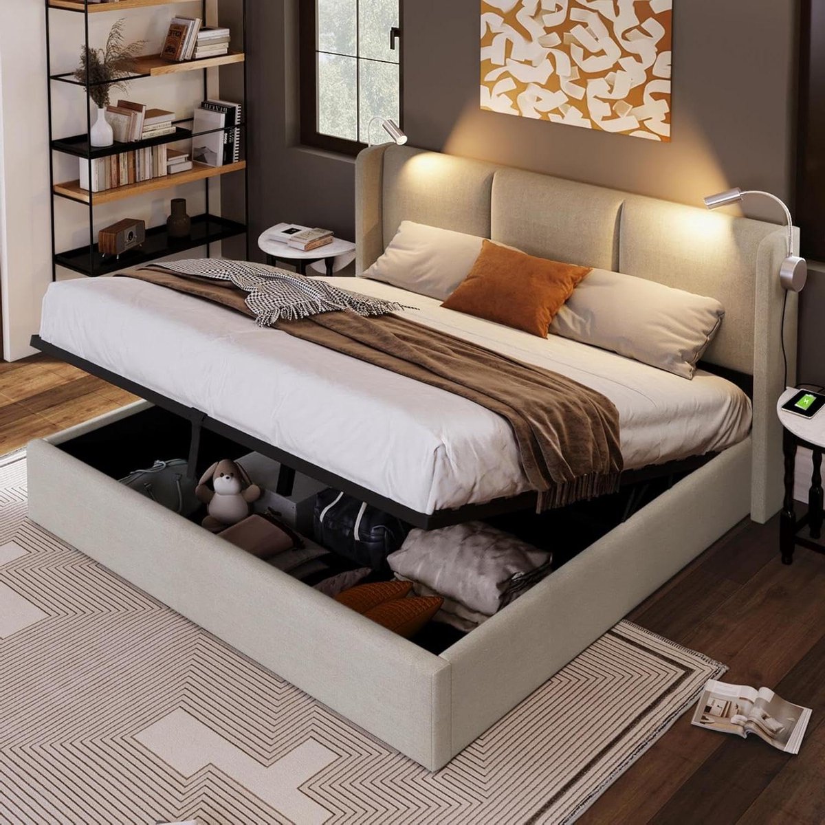 Gestoffeerd Bed met Opbergruimte - Linnen Bedframe - Moderne Slaapkamer - Geïntegreerde US