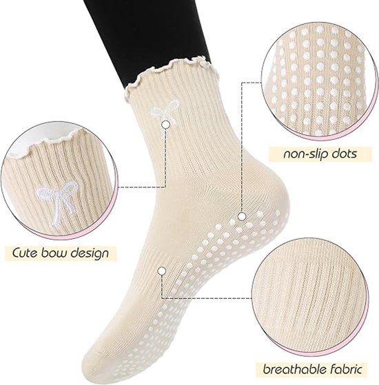 4 paar - Sportsokken - Yoga Sokken - Sokken Dames met ruches - Antislip Sokken - Yoga Pilates Sokken met Grip - Antislip Katoenen Sokken - Pilates - Fitness Sokk - dichte tenen - schattige pilates sokken - Dames hoge Pilates antislip sokken van Merkloos — afbeelding 2