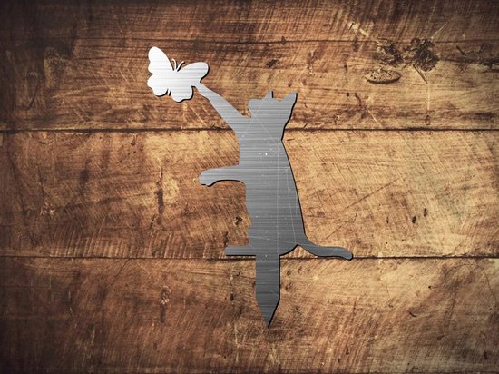 Chat avec papillon - Décoration de jardin – Ornement de jardin - Acier Corten - Silhouette métallique à planter dans le sol – Produit localement - Piquet de sol - Piquet de jardin
