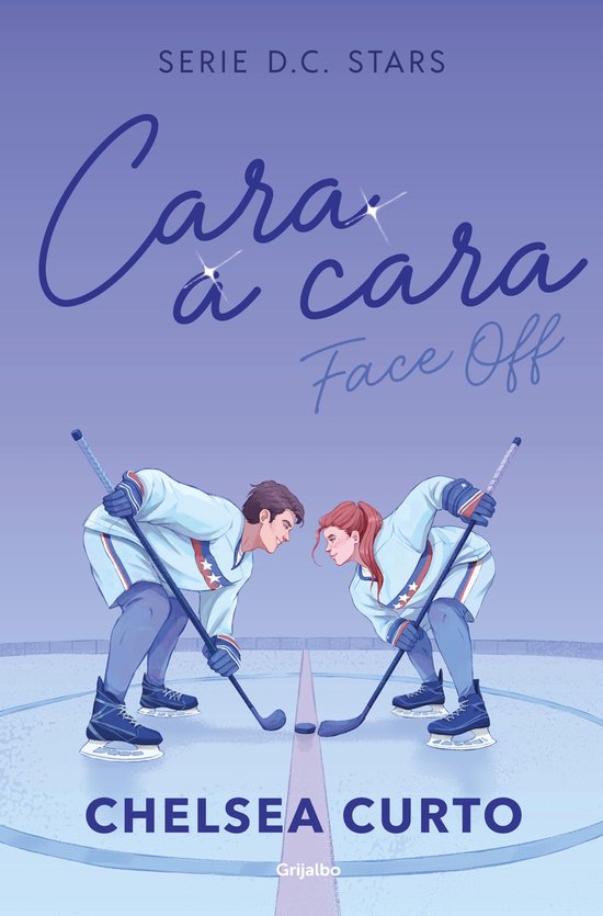 Couverture de livre montrant un match de hockey sur glace entre un homme et une femme, avec le titre 'Cara a cara Face Off'.