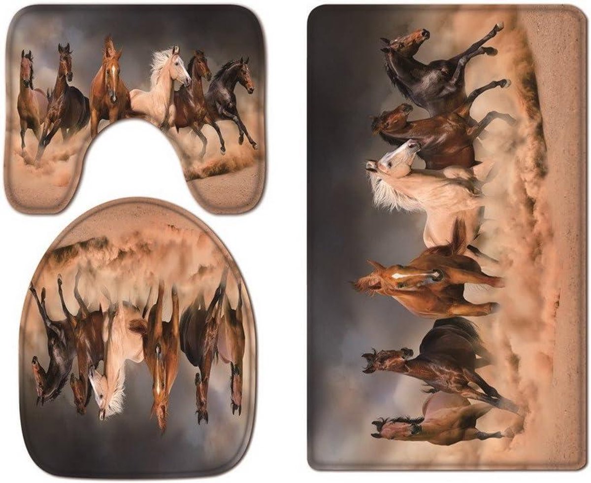 A.Monamour Bruin Kaki Achtergronden Zes Paardenrennen Landelijk Land Dierenprint Zachte Flanellen Wasbare Toilet Stoelhoezen Toilet Deksel Covers Kussens Pads Skidproof Badmat Tapijt voor Toilet Accessoires
