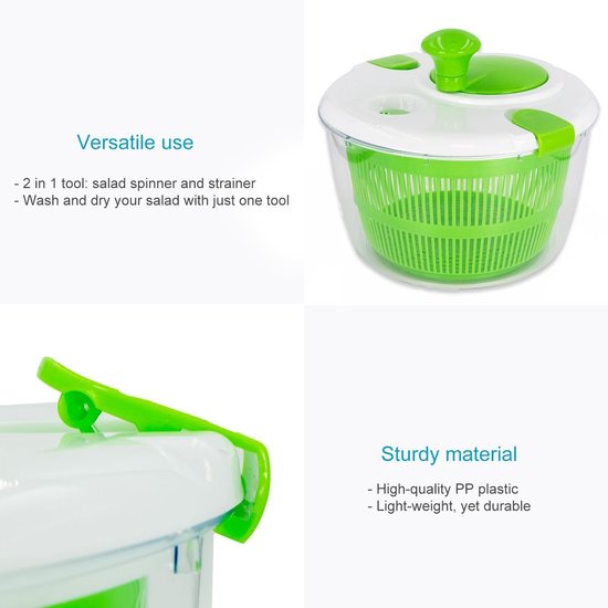 Slacentrifuge Groen - Groente Droger - Snel Salade Wassen - Handige Draaihendel - 24.5 x 24 cm - Groen — afbeelding 4