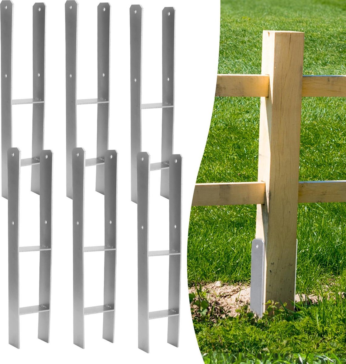 6 x H-paalanker, 111 mm, H-paalhouders voor hek- en houten palen, robuuste H-ankers voor tuinhek, carport, paviljoen en houtbouwprojecten (111 x 600 mm)