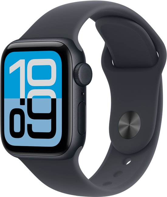 Donkergrijze Apple Watch SE met blauw-wit klokgezicht, schuin van voren gefotografeerd.