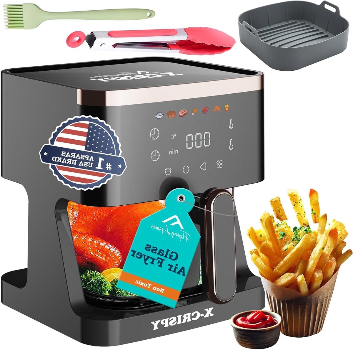 luchtfriteuse van glas, luchtfriteuse met glazen pan, transparante kom voor de beste kookresultaten, garnalen, steak, friet, vleugels, kip en